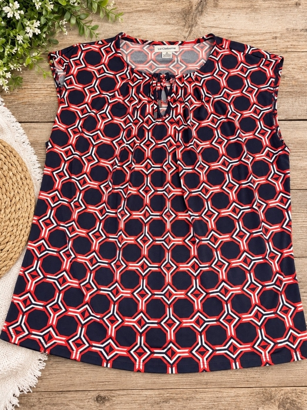 Liz Claiborne Red and Navy Geometric Tie-Neck Sleeveless Camisole
